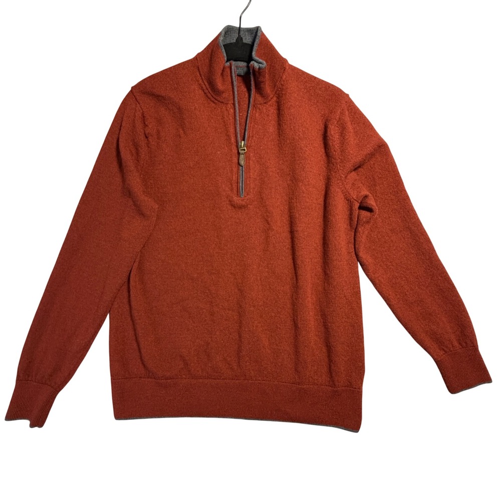 Mens Extra Fine 100% Merino Wool 1/4 Zip Sweater Rust Size M Preppy Quiet Luxury